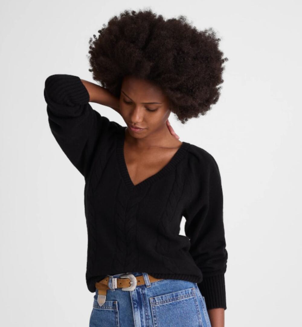 NWT Madewell V-Neck Pullover Sweater in Merino Wool Cable Knit Black Size M